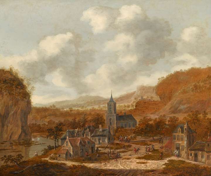 A Town in a Hilly Landscape with a River and Several Figures